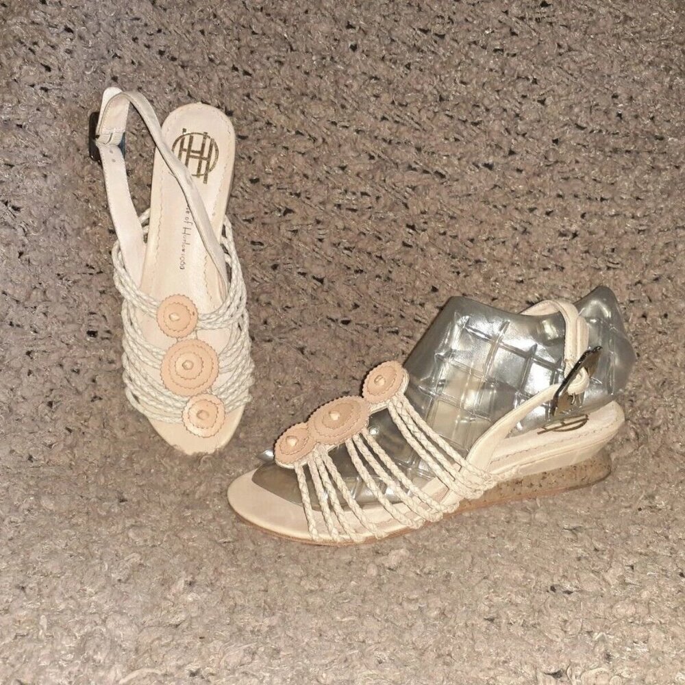 HOUSE OF HARLOW 1960-Beige Leather Braided Strap & Disk Slingback-Sz 6-Excellent